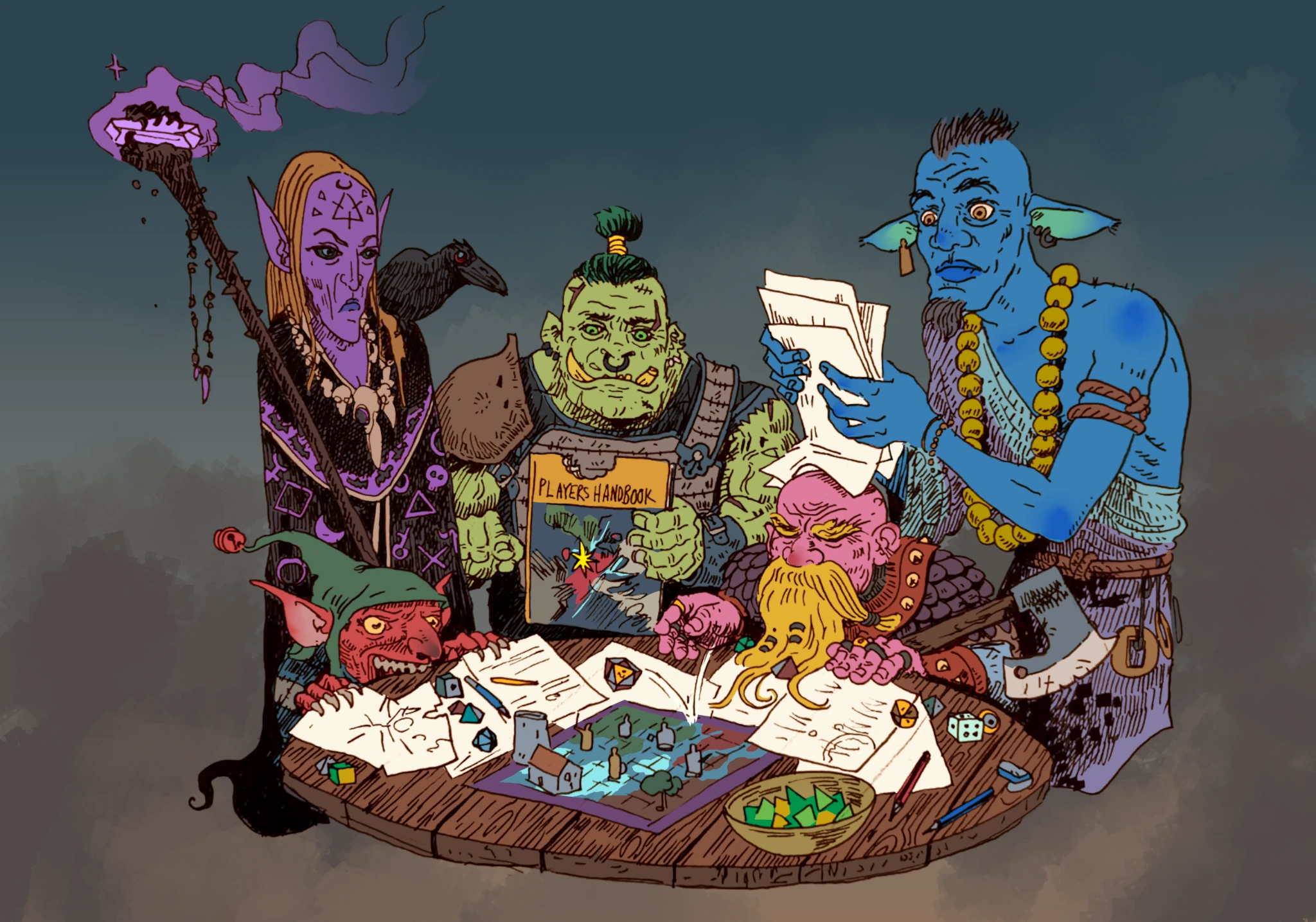 A group of fantasy RPG characters—an elf mage, orc warrior, goblin, dwarf, and blue-skinned monk—gathered around a table playing a tabletop roleplaying game, with dice, maps, and character sheets. Art by Marko Petrik.